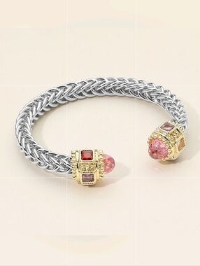 Rose CZ Stone Tip Twist Rope Cable Cuff Bracelet Bangle Textured Metal Two Tone
